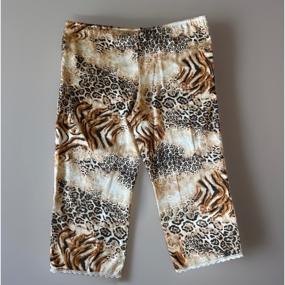 Cruz Satin Pajama Pants Medium Animal Print Leopard Tiger Lace Trim Capri Brown